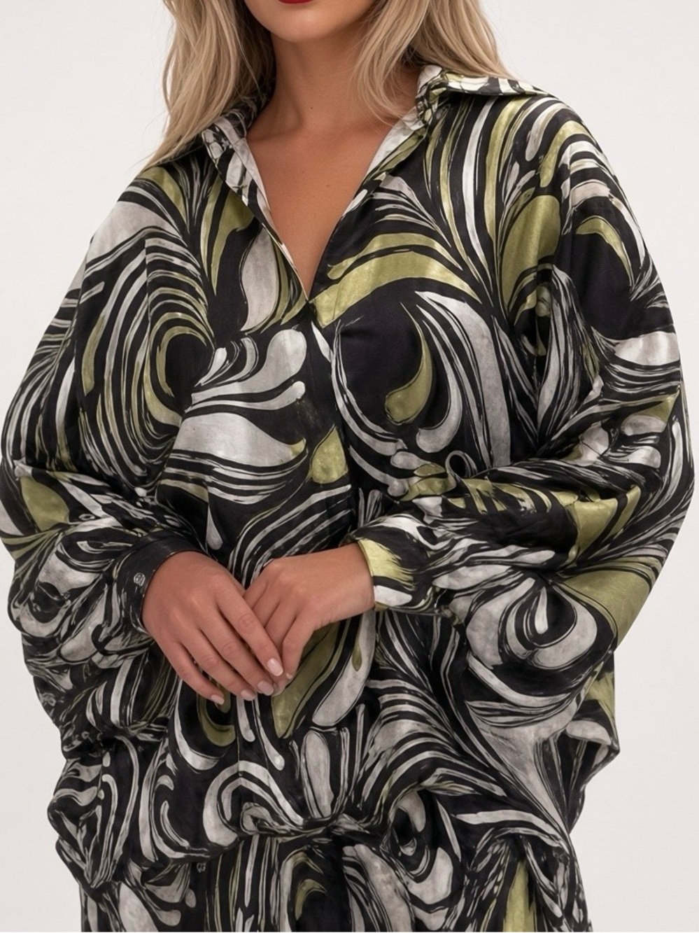 CQ by CQ S/M Abstract Swirl High Low Puff Sleeve Blouse | 70s Hippie